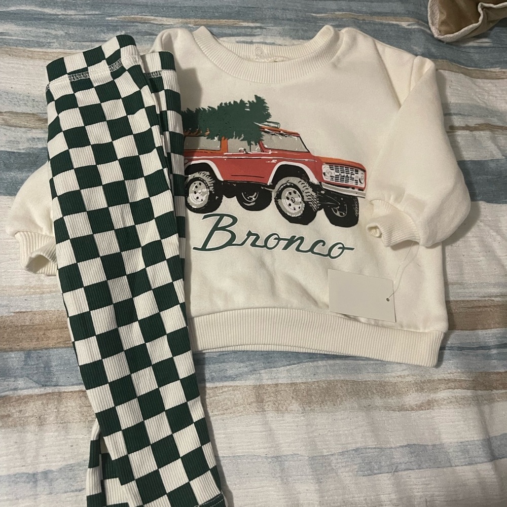 Ford White Sweatshirt with Red Bronco Graphic and Green Checkered Leggings NWOT